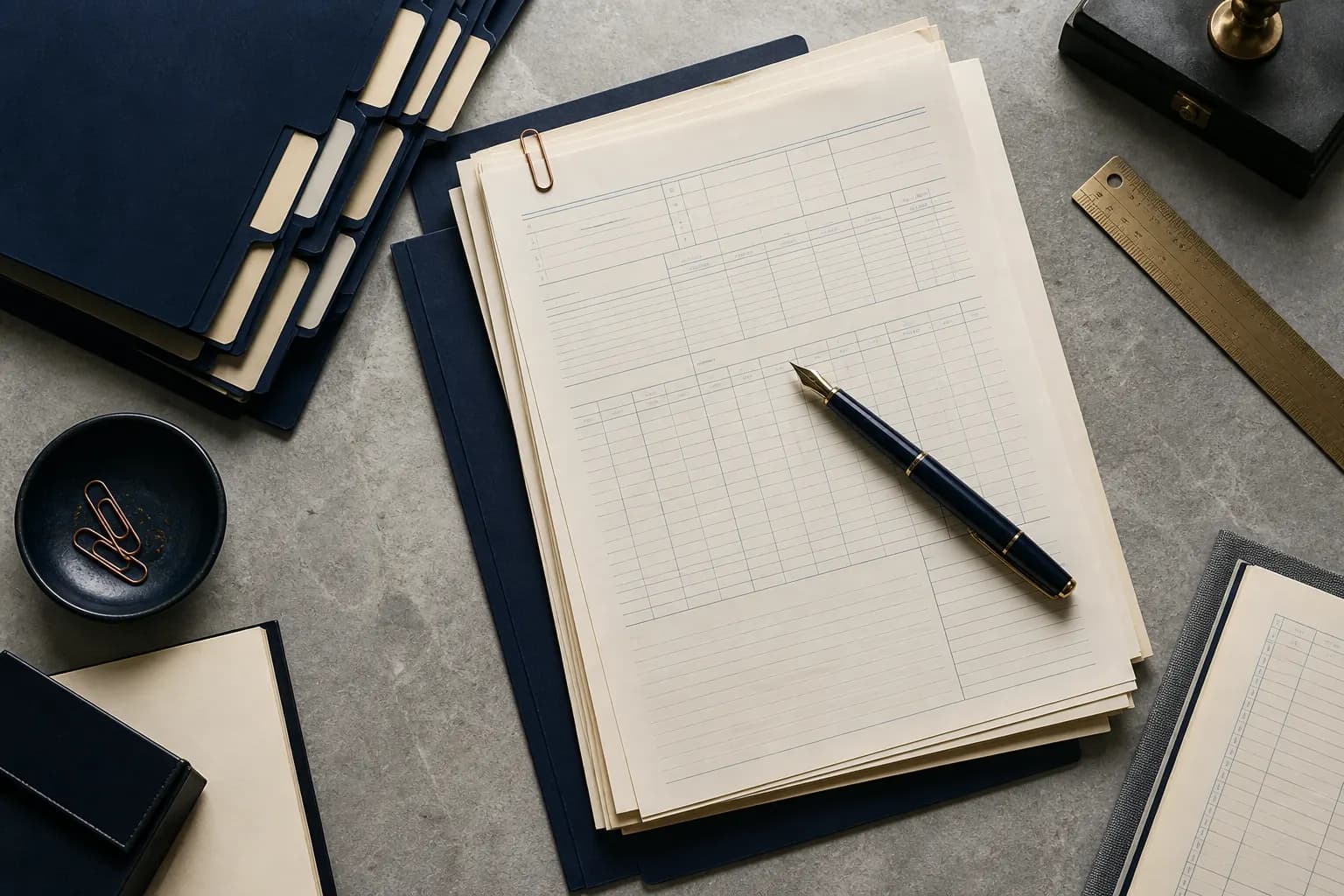 Organized insurance workpapers, navy folders, and a fountain pen on a stone desk
