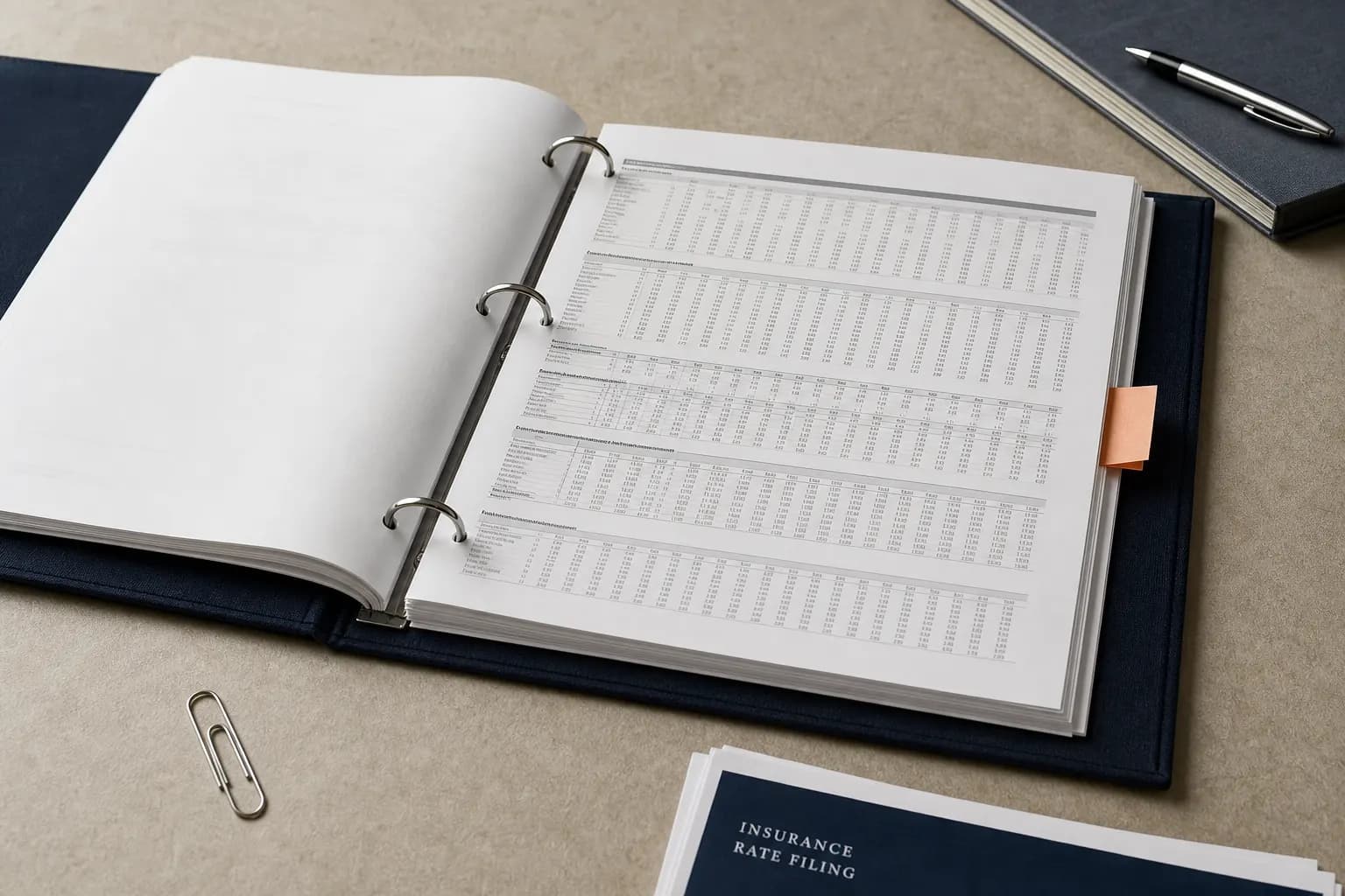 Open insurance rate-filing binder with tabbed exhibits on a warm paper desk